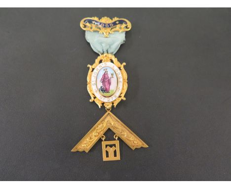 A 9ct gold Masonic Jewel - With enamel and ribbon detail - Inscribed '1955 St John's Lodge No 279' - Hallmarked Birmingham - 