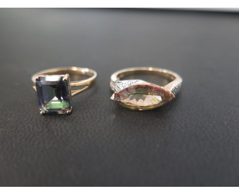 Two 9ct gold mystic-gem dress rings - To include a rectangular single-stone - Together with a marquise-shape mystic gem with 