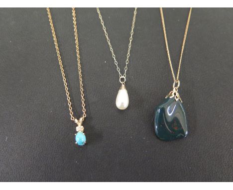Three pendants - To include bloodstone, imitation pearl, turquoise and diamond - Each suspended from fine-link chains - Lengt
