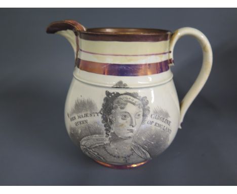 A 19th century Sunderland and Lustre type jug with painted printed bust portrait of Her Majesty Queen Caroline of England and