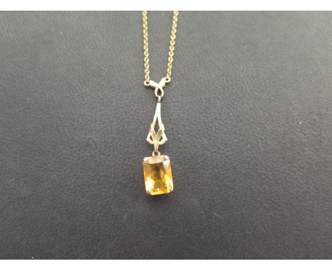 A 9ct gold citrine pendant necklace - To the belcher-link chain - Hallmarked Birmingham - Length of pendant 3.5cms - Length o
