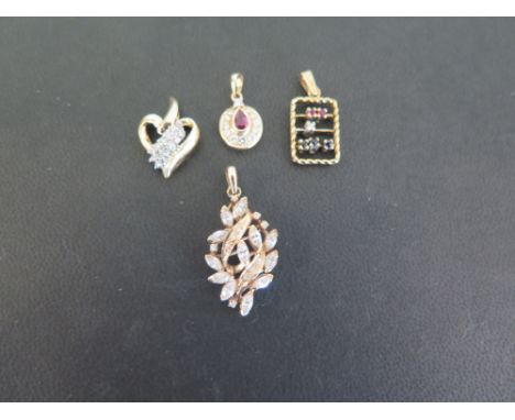 An assortment of three diamond and gem-set pendants - Together with a further pendant set with marquise-cut cubic zirconia - 