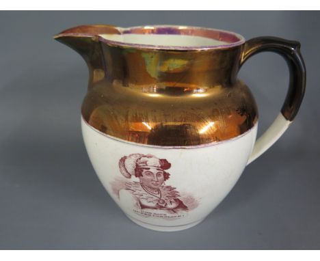 A 19th century copper lustre commemorative mug with printed bust portrait of Queen Caroline of England with the ditty - Long 