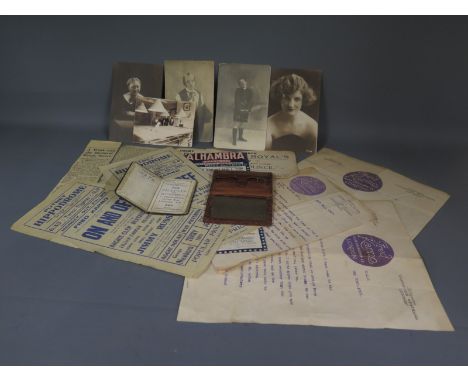 Theatre and Cinema Interest contents relating to Charlie Chaplin, Jimmy Russell and Fred Karno - including a 9ct gold pass ca