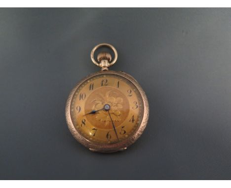 An early 20th century 9ct gold fob watch, top wind case with foliate decoration, engine turned dial with painted Arabic numer