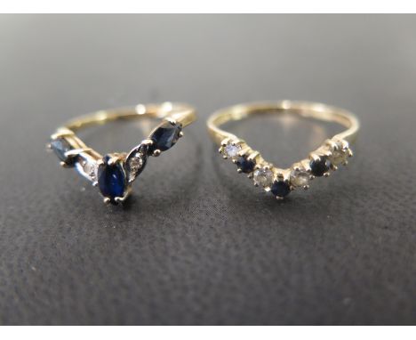 Two 9ct gold chevron-shape rings - To include one with sapphire and diamond - one with sapphire and white-gem - Hallmarked Lo