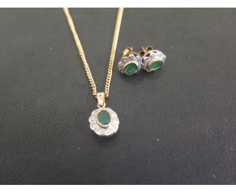 A set of emerald and diamond cluster jewellery - To include a pendant designed as an oval emerald within a single-cut diamond