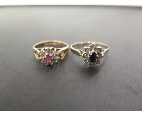 Two 9ct gold cluster rings - To include ruby and diamond - Ring size I - Together with sapphire and diamond - Ring size N 1/2