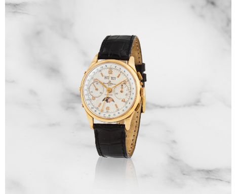 Baume &amp; Mercier. An 18K gold manual wind triple calendar chronograph wristwatch with moon phase indicationBaume &amp; Mer