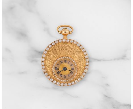 Frères Melly. An 18K gold key wind full hunter pearl set pocket watchFrères Melly. Montre de gousset à clapet en or jaune 18K