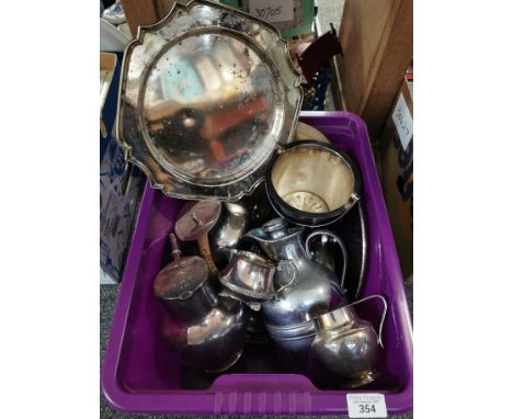 Plastic box of silver plated items to include: teaware, water jug in Christopher Dresser style, salver, flatware etc. (B.P. 2