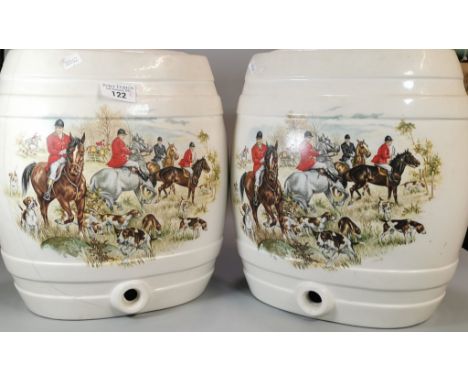 Pair of ceramic spirit barrels and covers depicting transfer printed hunting scenes. (2) (B.P. 21% + VAT)