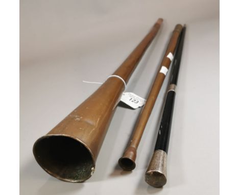 George V ebonised and silver presentation conductor's baton dated 1922, together with a copper hunting horn and another coppe