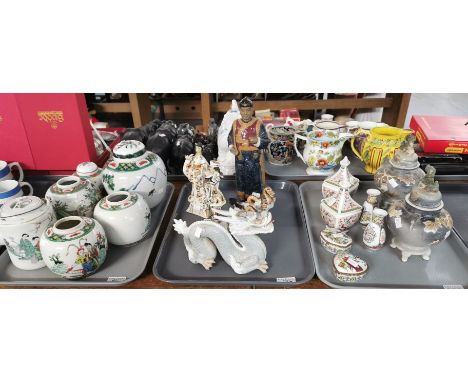 Three trays of Chinese, Japanese and ceramic items to include: pair of Japanese baluster vases and covers, mythical dragons, 