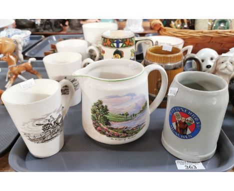Collection of ceramic mugs and jugs to include: Copeland Spode hunting scenes including 'The Chase' and the 'Last Draw' taper
