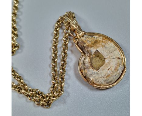 9ct gold curb link chain with unusual ammonite pendant, the chain 45cm long approx. Total weight of chain 17.1g approx. (B.P.