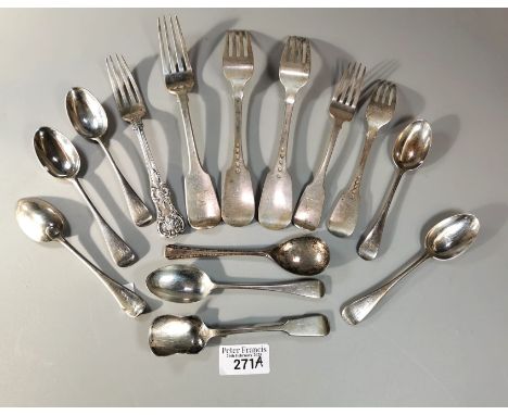 Bag of silver flatware: Dublin, London hallmarks etc., together with one silver plated spoon. 8.64 troy oz approx. (B.P. 21% 