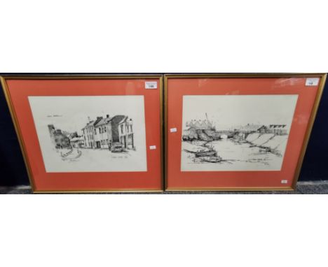 After Vernon Hurford, street and estuary scenes, Water Street and Sluice Gate, Llanelly, pen and ink drawings. With dedicatio