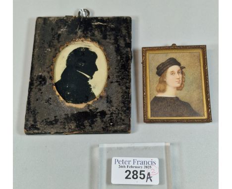 After Raphael, portrait miniature on ivory of the artist Raphael. 7x5cm approx. Together with a silhouette study of a 19th ce