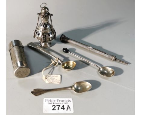 Bag of silver and other items to include: engine turned propelling pencil, Birmingham hallmarks, maker's A H W, coffee bean a