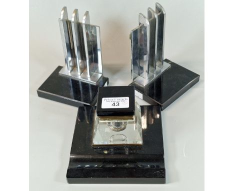 Art Deco design glass desk inkwell, together with a pair of companion chromed metal and black bookends. (3) (B.P. 21% + VAT)