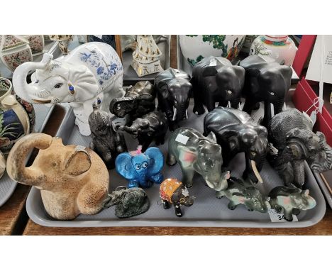 Tray of assorted ebony and ceramic studies of elephants. (B.P. 21% + VAT)