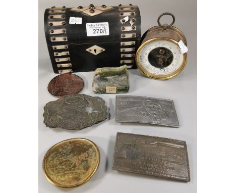 Box of oddments to include: marble desk weight modelled as a fish, German brass barometer, Victorian rosewood and mother of p