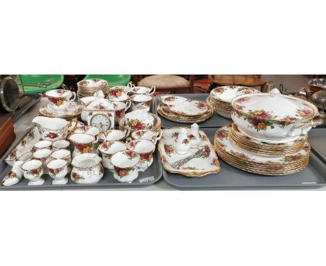 Four trays of Royal Albert 'Old Country Roses' teaware and similar items including mantel clock. (4) (B.P. 21% + VAT)