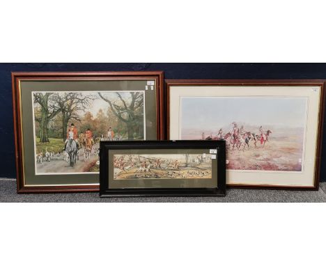 Three furnishing prints to include Huntsmen with hounds, North American Indians and a reproduction fox hunting scene after Al
