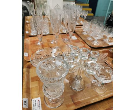 Six trays of assorted glassware to include: Waterford Crystal bonbon dish, five section candelabra, The Milford Collection ch