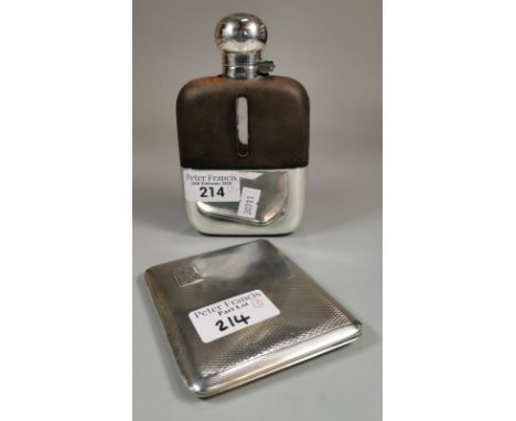 Silver engine turned cigarette case with initials. Birmingham hallmarks. 4.29 troy oz approx. Together with silver plated and