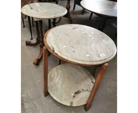 Art Deco lamp table of circular form with under tier, having marble top, together with a Victorian probably loo table base wi