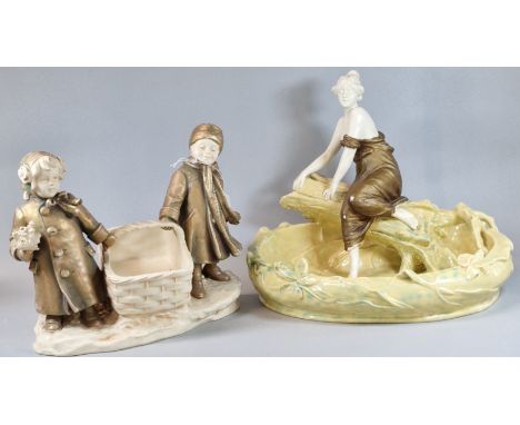 Continental Art Nouveau pottery lily pond, with seated lady on tree trunk. 27cm high approx. Together with another continenta
