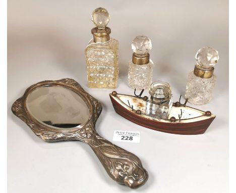 Silver Art Nouveau ladies' hand mirror. Chester hallmarks. Together with some glass and silver collared hobnail cut scent bot