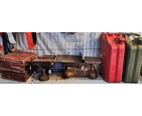 Two vintage jerry cans, together with W&amp;T Avery Birmingham GPO scales, another set of scales and two small suitcases with