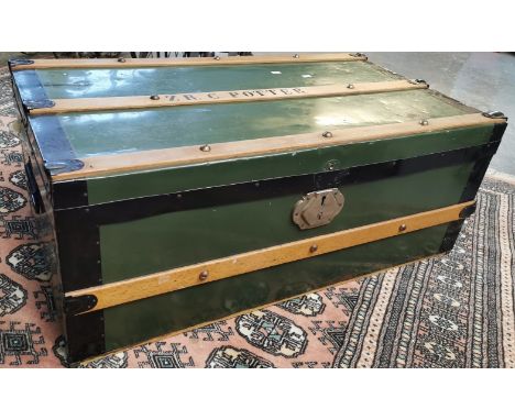 Vintage metal and wooden banded steamer trunk marked Z.R.C.Potter with metal carrying handles. (B.P. 21% + VAT)