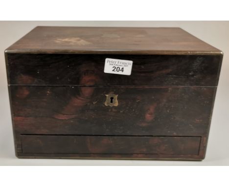 19th century rosewood cased vanity set, the interior revealing pullout tray with inkwells, cologne/scent bottles, mother of p