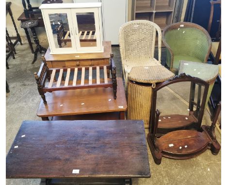Large collection of furnishing items to include; various Lloyd Loom style chairs and linen baskets, Victorian bedroom mirror,