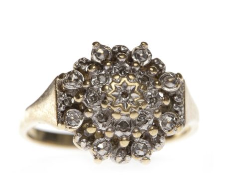 NINE CARAT GOLD CLUSTER RING
the round brilliant cut diamonds totalling approximately 0.04 carats, size L, 3g