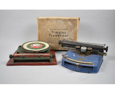 A Vintage Tin Plate Timplex Childs Typewriter in Original Cardboard Box together with a Vintage Junior Toy Typewriter 
