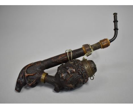 A Vintage Black Forest Carved Wooden Pipe with Deer and Antler Decoration 