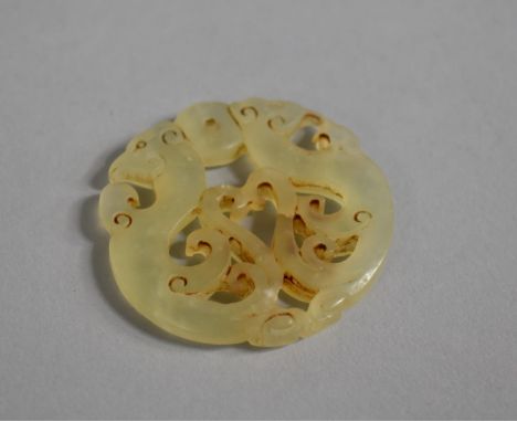 A Carved Jade Roundel Pendant with Double Peacock Design, 5.5cm Diameter 