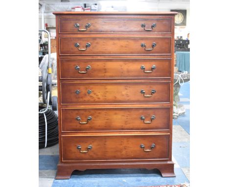A Modern Yew Wood Six Drawer Chest with Bracket Feet, One Handle Missing, 79cms Wide 