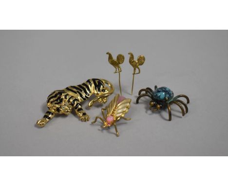 A Collection of Various Vintage Brooches, Insects and Tiger and Cockerel Tie Pins 