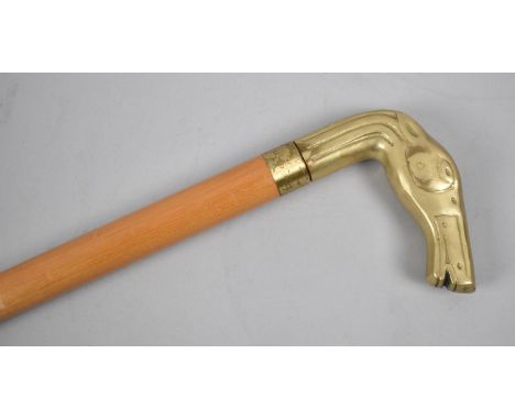 A Modern Novelty Walking Cane with Brass Horses Head Handle Concealing Inner Glass Flask, 89cms Long 