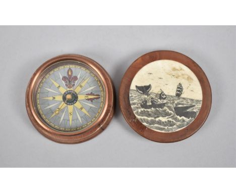 A Reproduction Circular Wooden and Scrimshaw Pocket Compass decorated with Whale Hunt Scene, 6.5cms Diameter 