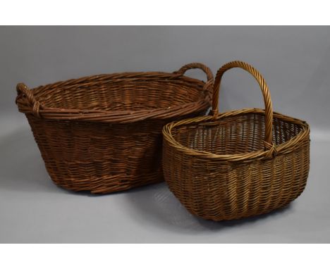 A Vintage Wicker Shopping Basket and a Wicker two Handled Laundry Basket, The Latter 62cms Wide 