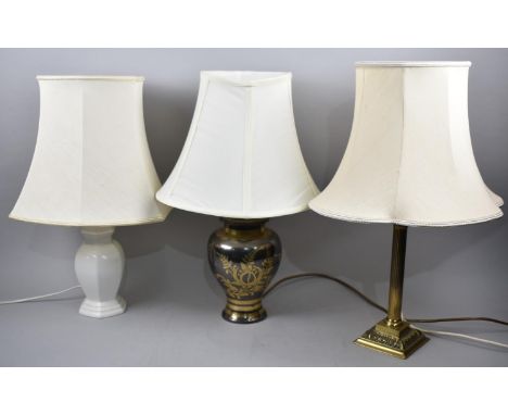 Two Brass and One Ceramic Table Lamps and Shades 