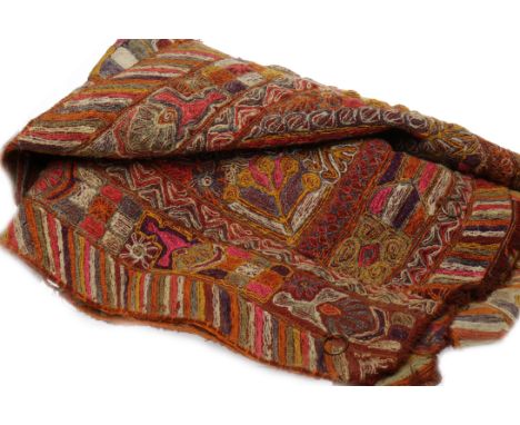 KASHMIRI TAPESTRY WOVEN PORTIEREdecorated with two upright panels of lozenges within zig zag borders, bottom trimmed, approxi