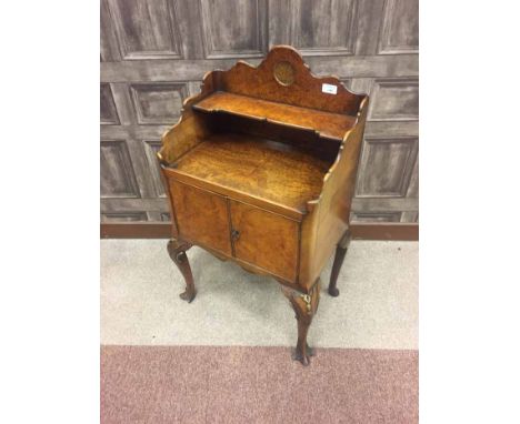 BURR WALNUT BEDSIDE CABINET OF QUEEN ANNE DESIGN the taised back fitted a shaped shelf, cupboard below enclosed by two panel 